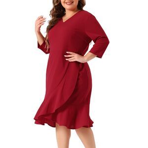 Plus Size Wrap Cocktail V-Neck Ruffled Midi Party Dress Red